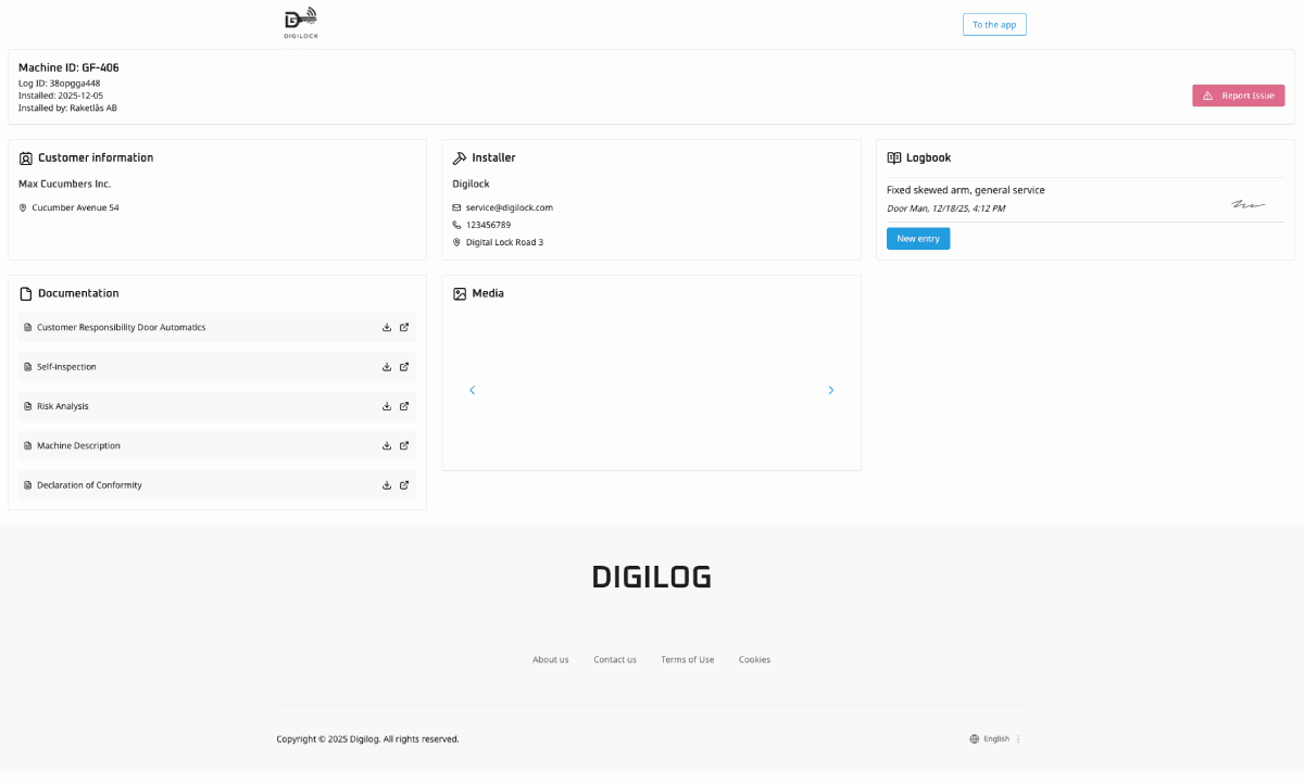 Den digitala loggboken för en dörr, med kunduppgifter, installatör, dokument och loggposter.